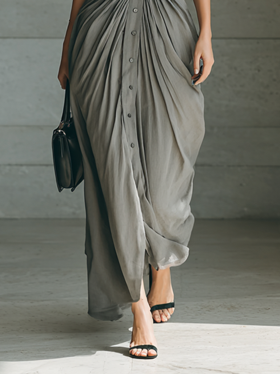 Cornelia – Vestido Comprido com Pregas e Gola de Lapela