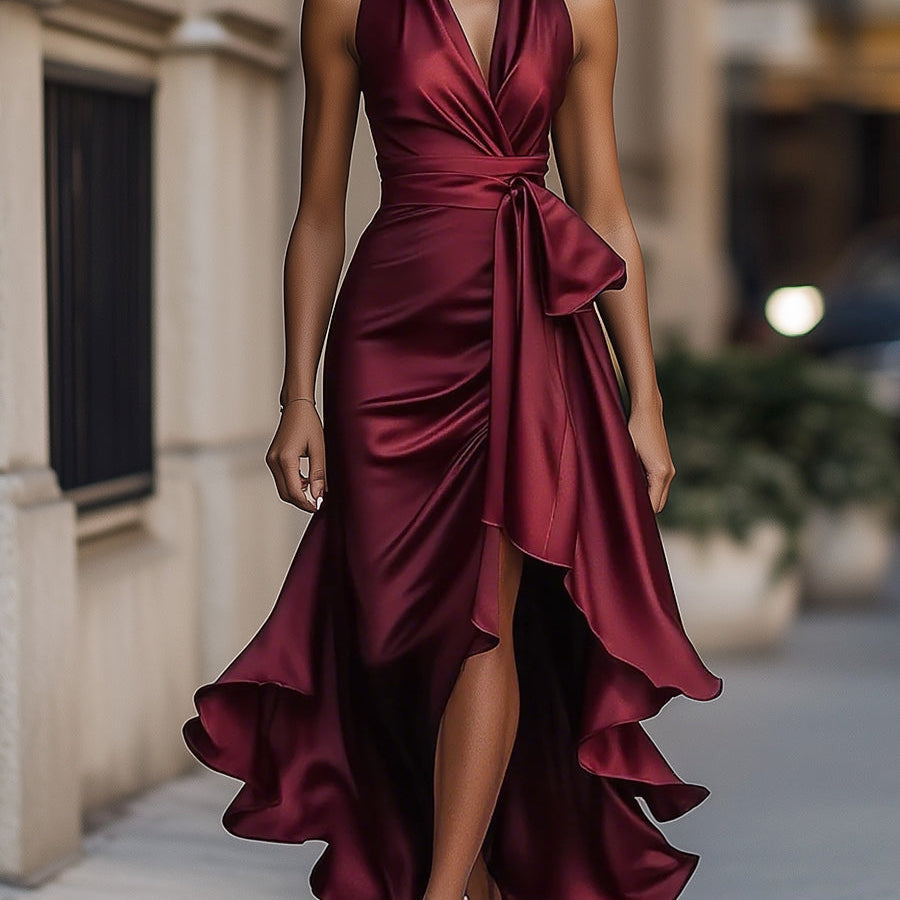 DELAS | Vestido de Satin Drapeado na Cintura para Mulher