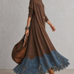 Brunella – Vestido Comprido com Efeito Camurça e Renda