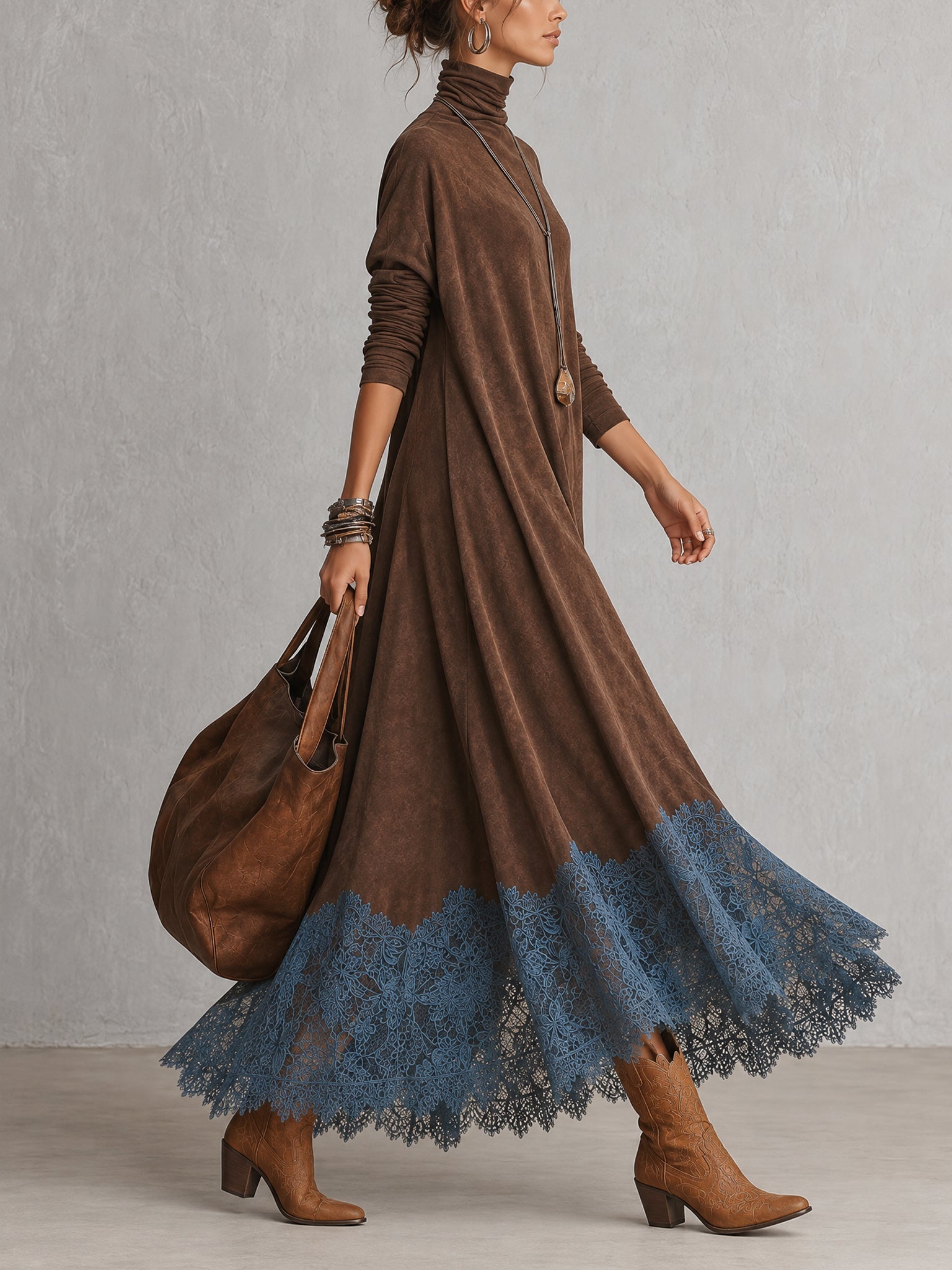 Brunella – Vestido Comprido com Efeito Camurça e Renda