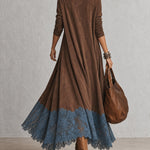Brunella – Vestido Comprido com Efeito Camurça e Renda