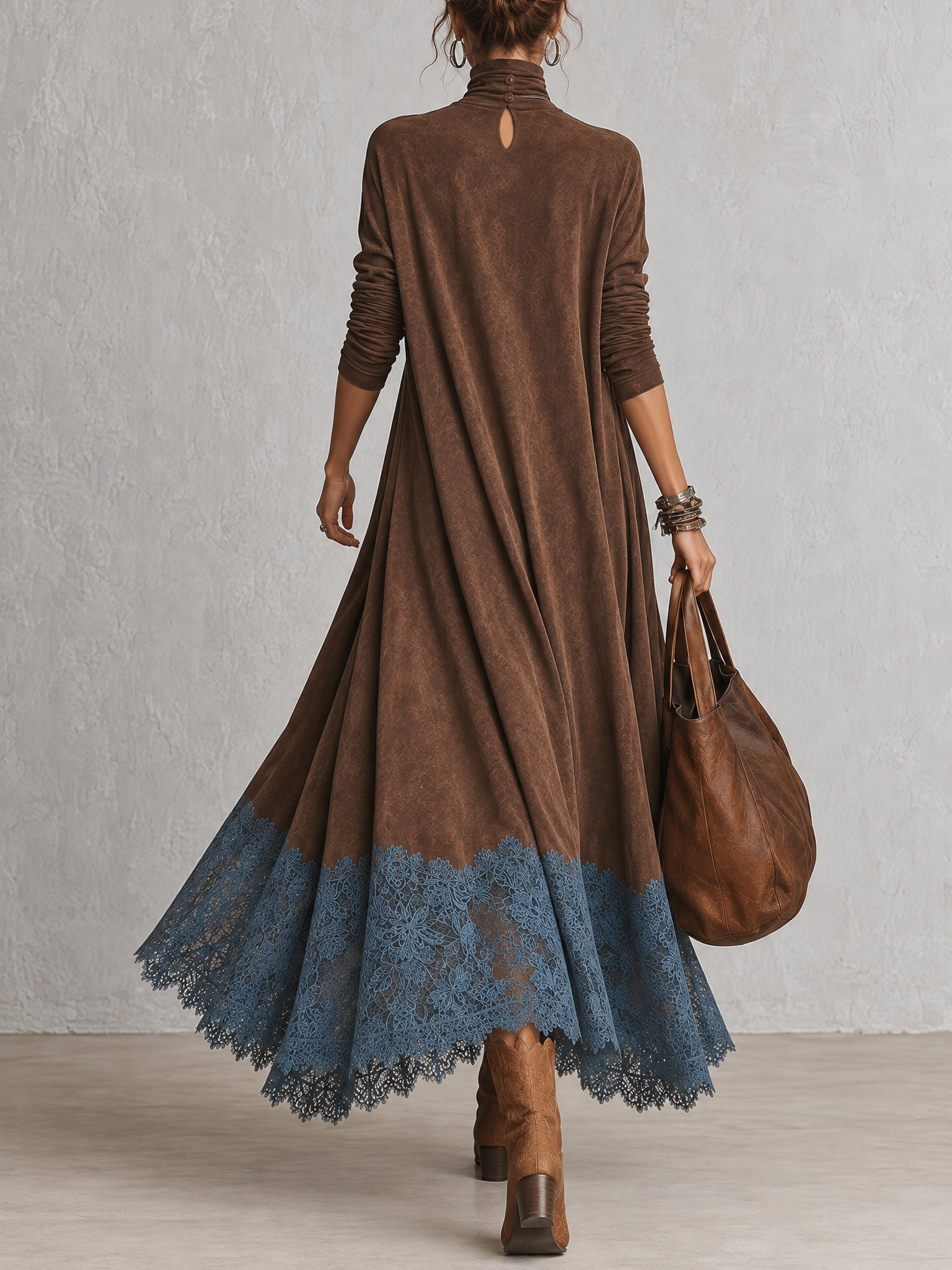 Brunella – Vestido Comprido com Efeito Camurça e Renda