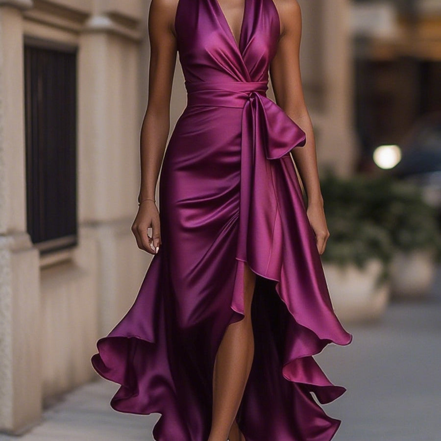 DELAS | Vestido de Satin Drapeado na Cintura para Mulher