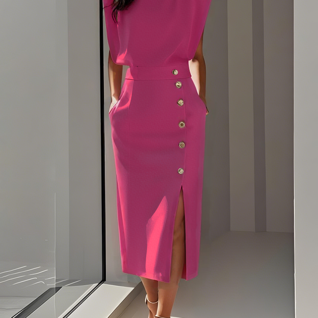 Aina - Vestido midi liso com fenda de botões e decote redondo