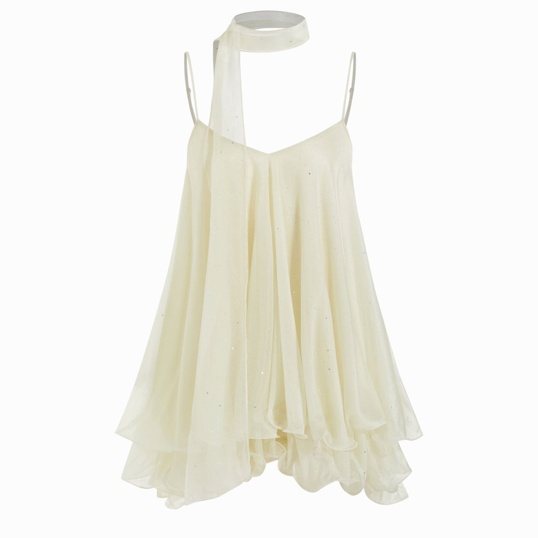 Brisa - Minivestido para mulher com decote em V, alças no pescoço, folhos e lenço na manga