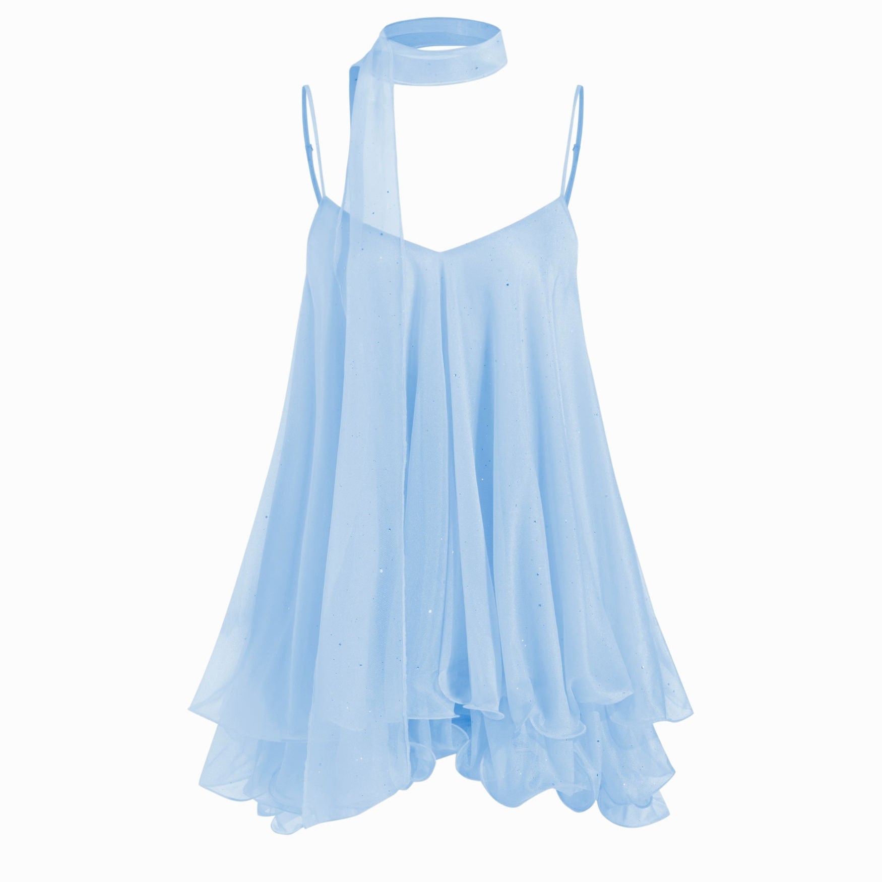Brisa - Minivestido para mulher com decote em V, alças no pescoço, folhos e lenço na manga