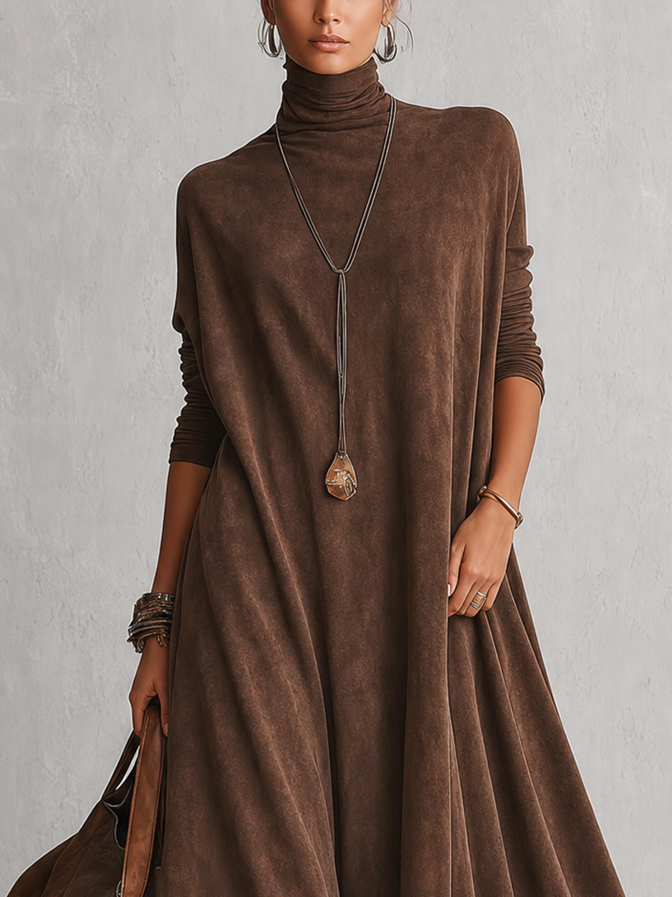 Brunella – Vestido Comprido com Efeito Camurça e Renda