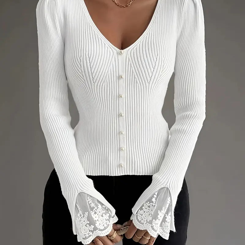 Mariana | Camisola canelada com decote em V e mangas em renda