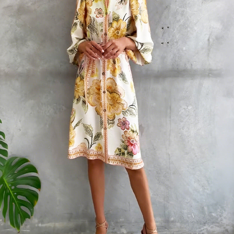 Rosalva - Robe Manga Lanterna Colar Crantado Impresso para Mulher