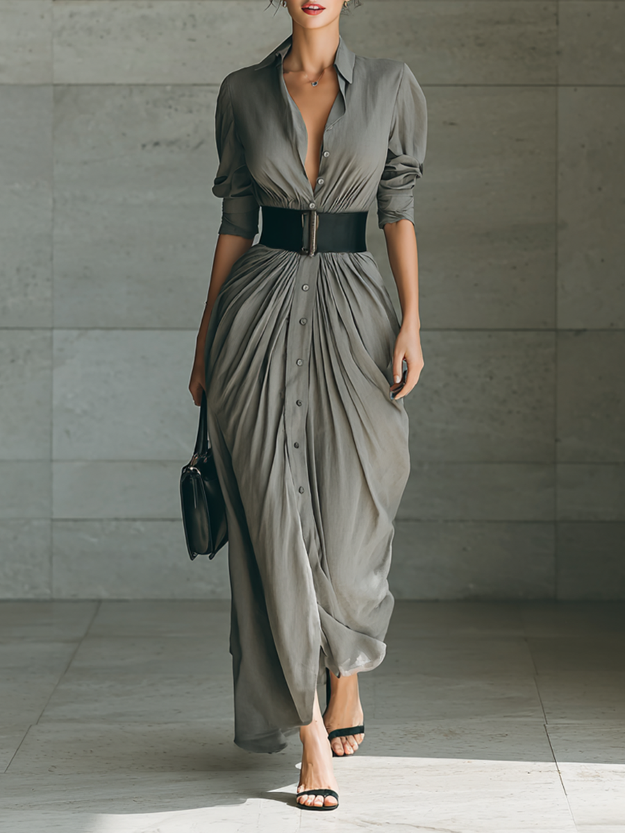 Cornelia – Vestido Comprido com Pregas e Gola de Lapela