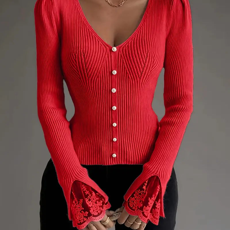 Mariana | Camisola canelada com decote em V e mangas em renda