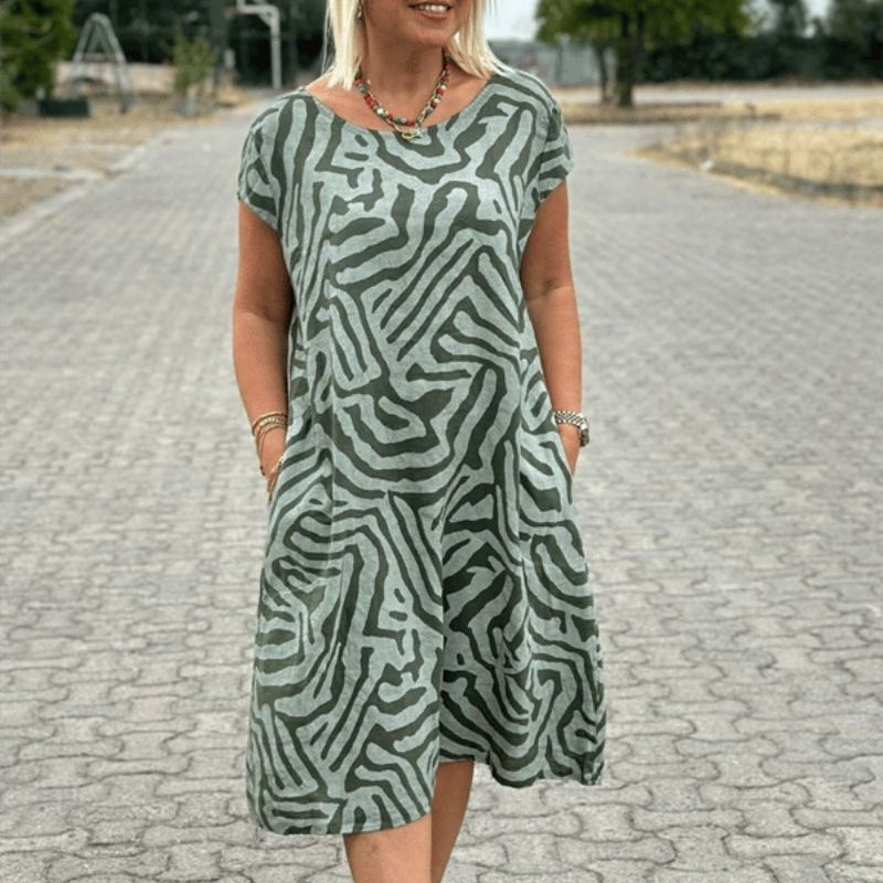 Nelia| Vestido de verão com gola redonda e linda estampa para Mulher