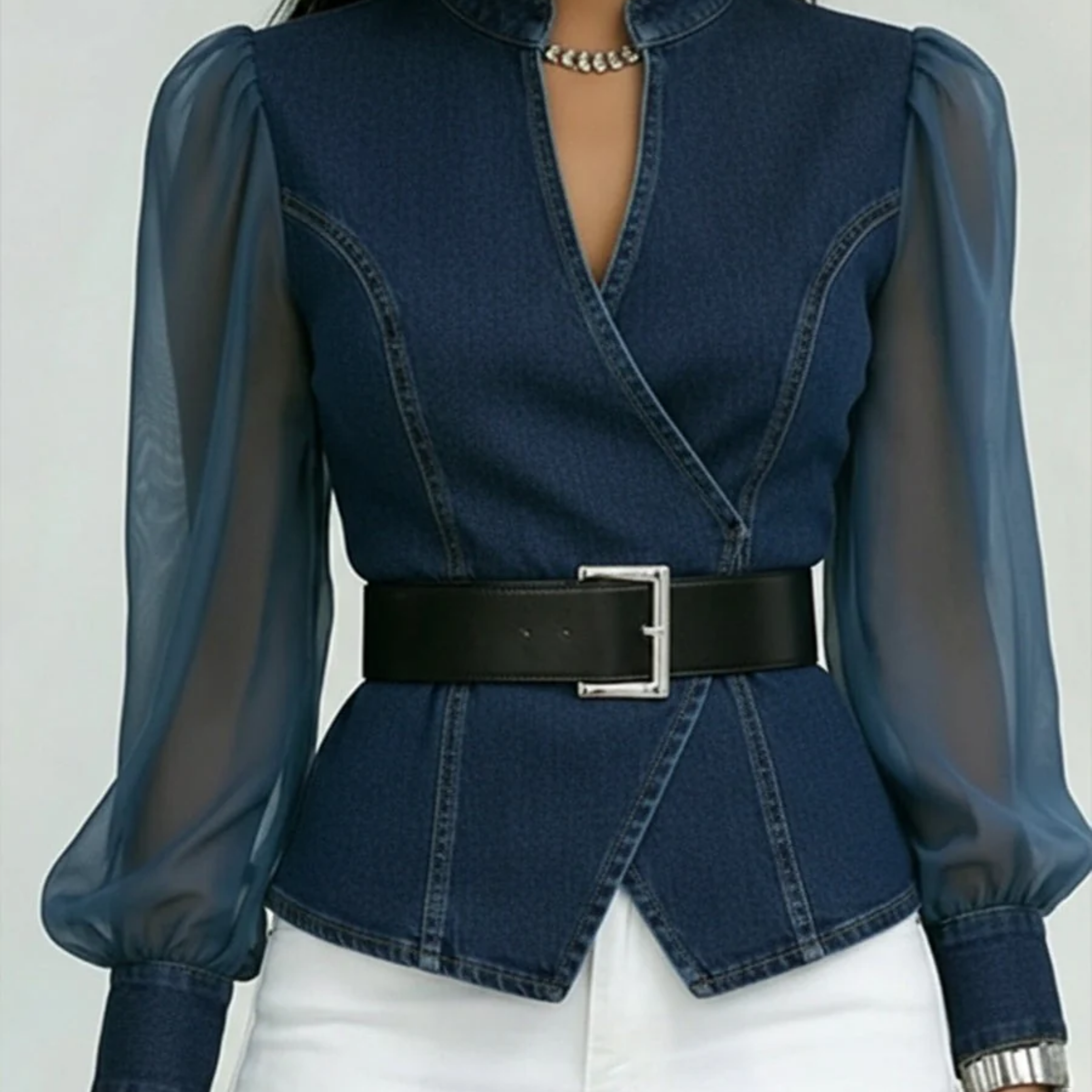 Alessia — Top em denim com mangas em chiffon leve