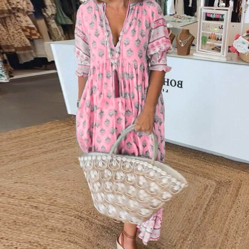 Modena™ - Vestido casual estampado com decote em V e mangas curtas