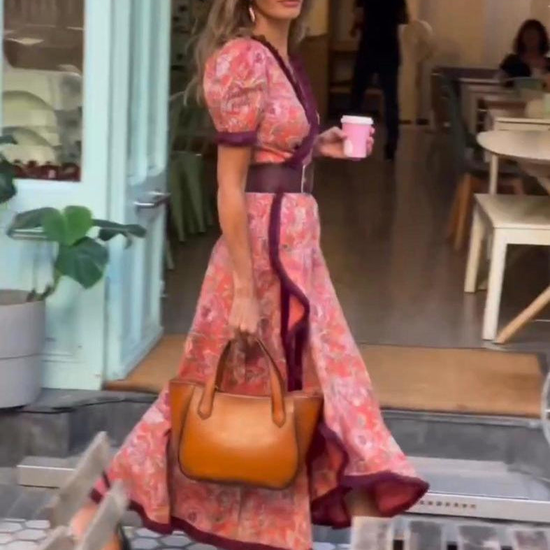 Armen - Vestido longo elegante com mangas curtas bufantes e saia assimétrica