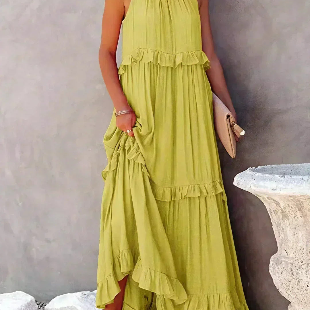 Sarah | Vestido longo com babados e alças finas