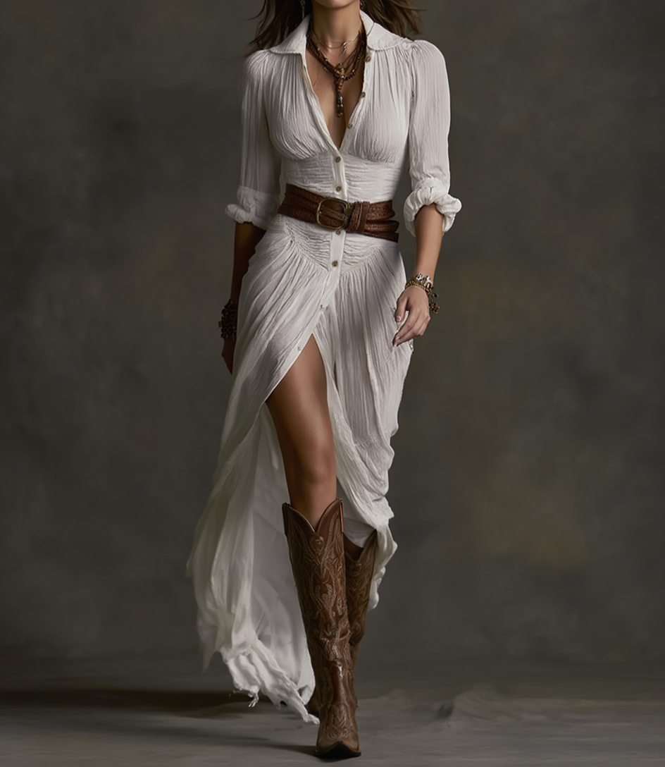 Clara – Vestido Comprido Plissado em Algodão e Linho com Cinto
