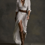 Clara – Vestido Comprido Plissado em Algodão e Linho com Cinto