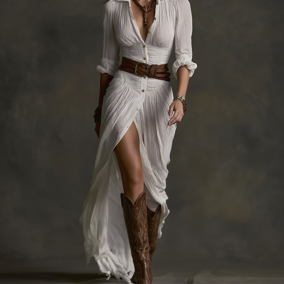 Clara – Vestido Comprido Plissado em Algodão e Linho com Cinto