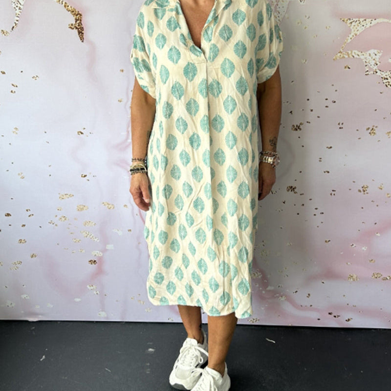 Liora™ | Vestido solto de primavera com gola de lapela e mangas curtas
