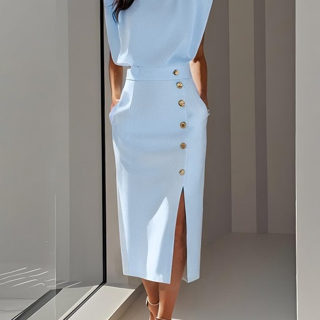 Aina - Vestido midi liso com fenda de botões e decote redondo