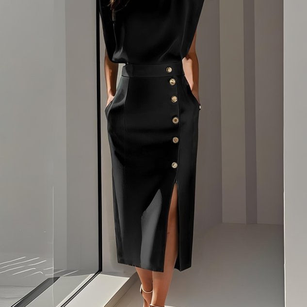 Aina - Vestido midi liso com fenda de botões e decote redondo