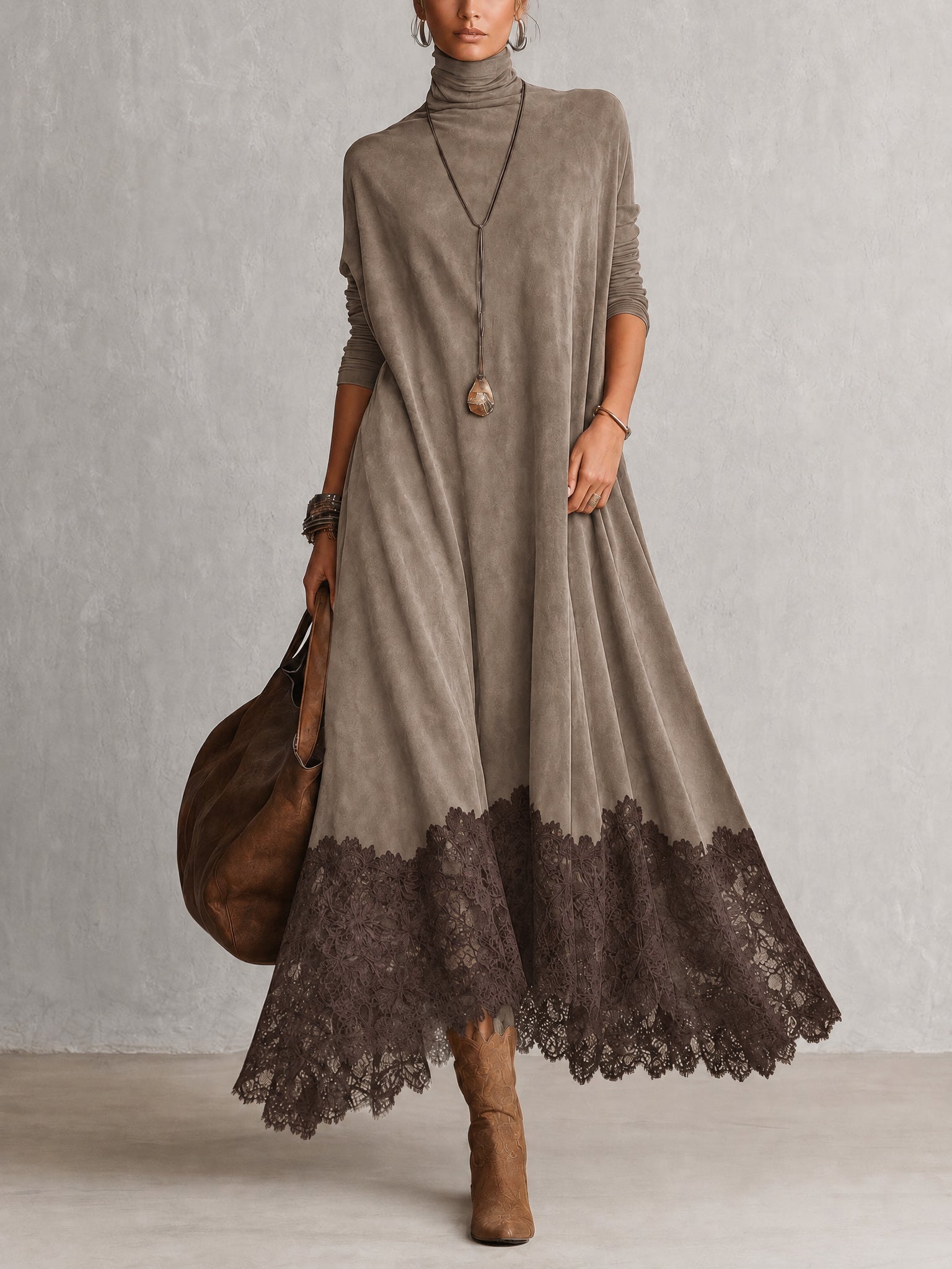 Brunella – Vestido Comprido com Efeito Camurça e Renda