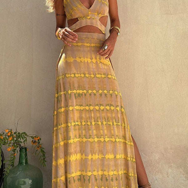Angelica | Vestido elástico com fenda e decote estampado