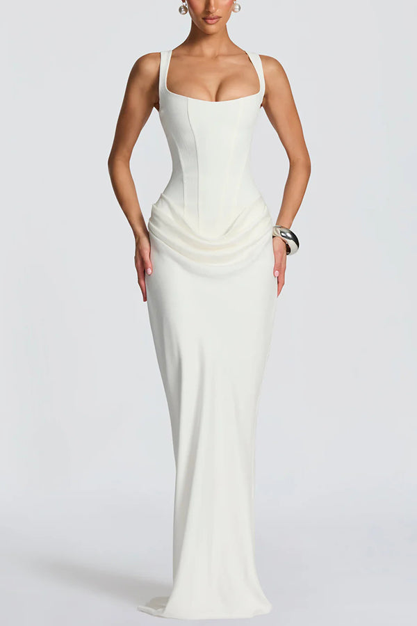 Fulvia – Vestido Maxi com Decote Quadrado e Saia em Cetim