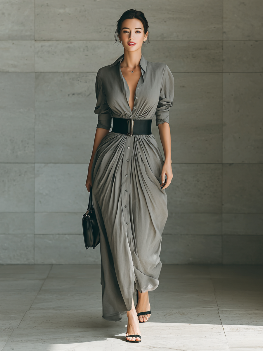 Cornelia – Vestido Comprido com Pregas e Gola de Lapela