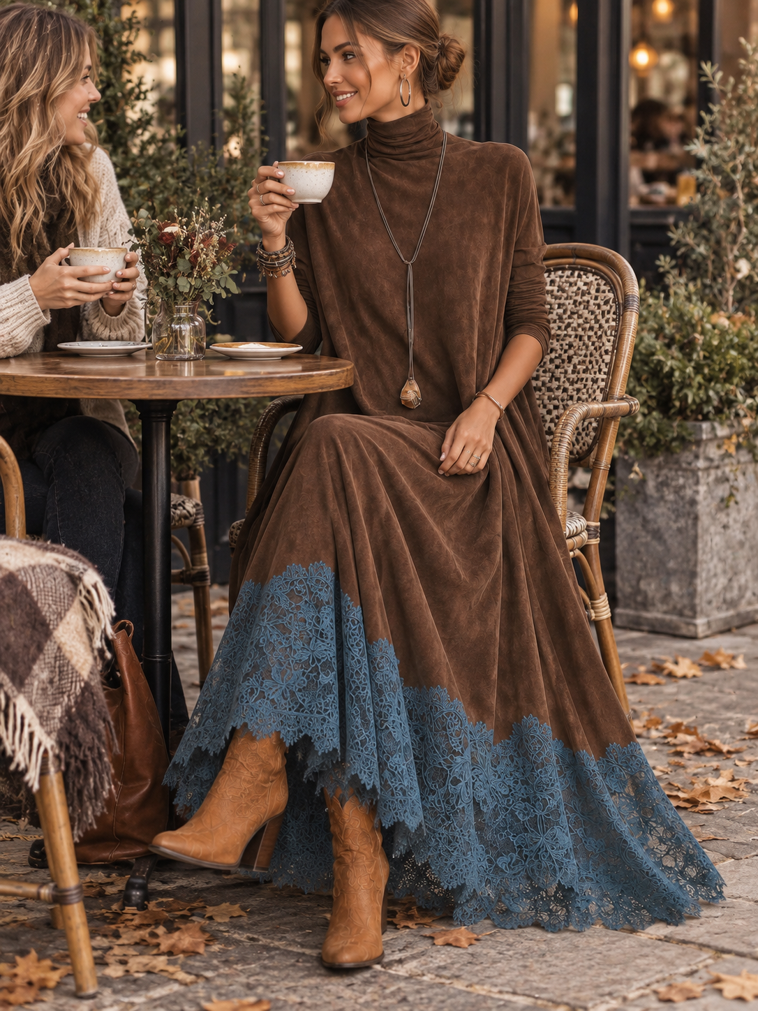 Brunella – Vestido Comprido com Efeito Camurça e Renda