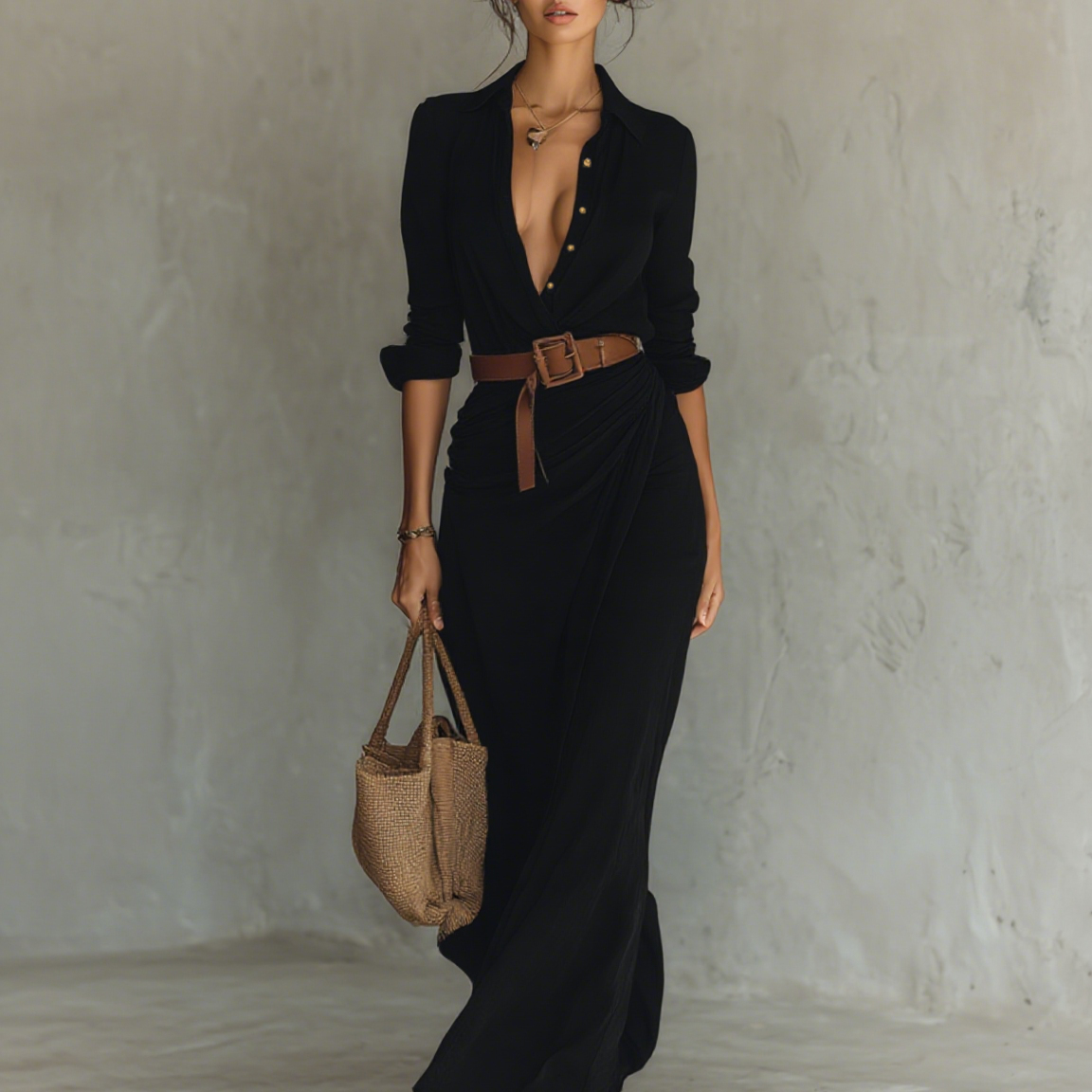 Vestido longo longo com gola de lapela e cinto inclusos