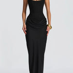 Fulvia – Vestido Maxi com Decote Quadrado e Saia em Cetim