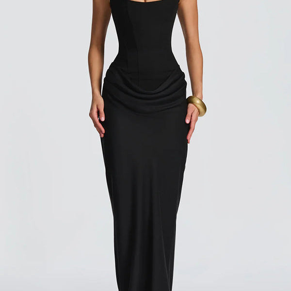 Fulvia – Vestido Maxi com Decote Quadrado e Saia em Cetim