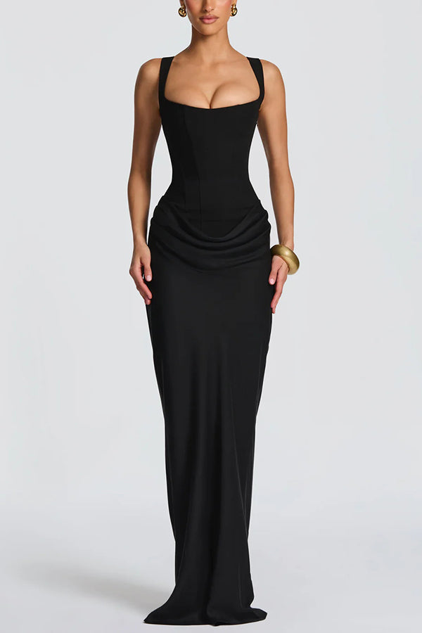 Fulvia – Vestido Maxi com Decote Quadrado e Saia em Cetim