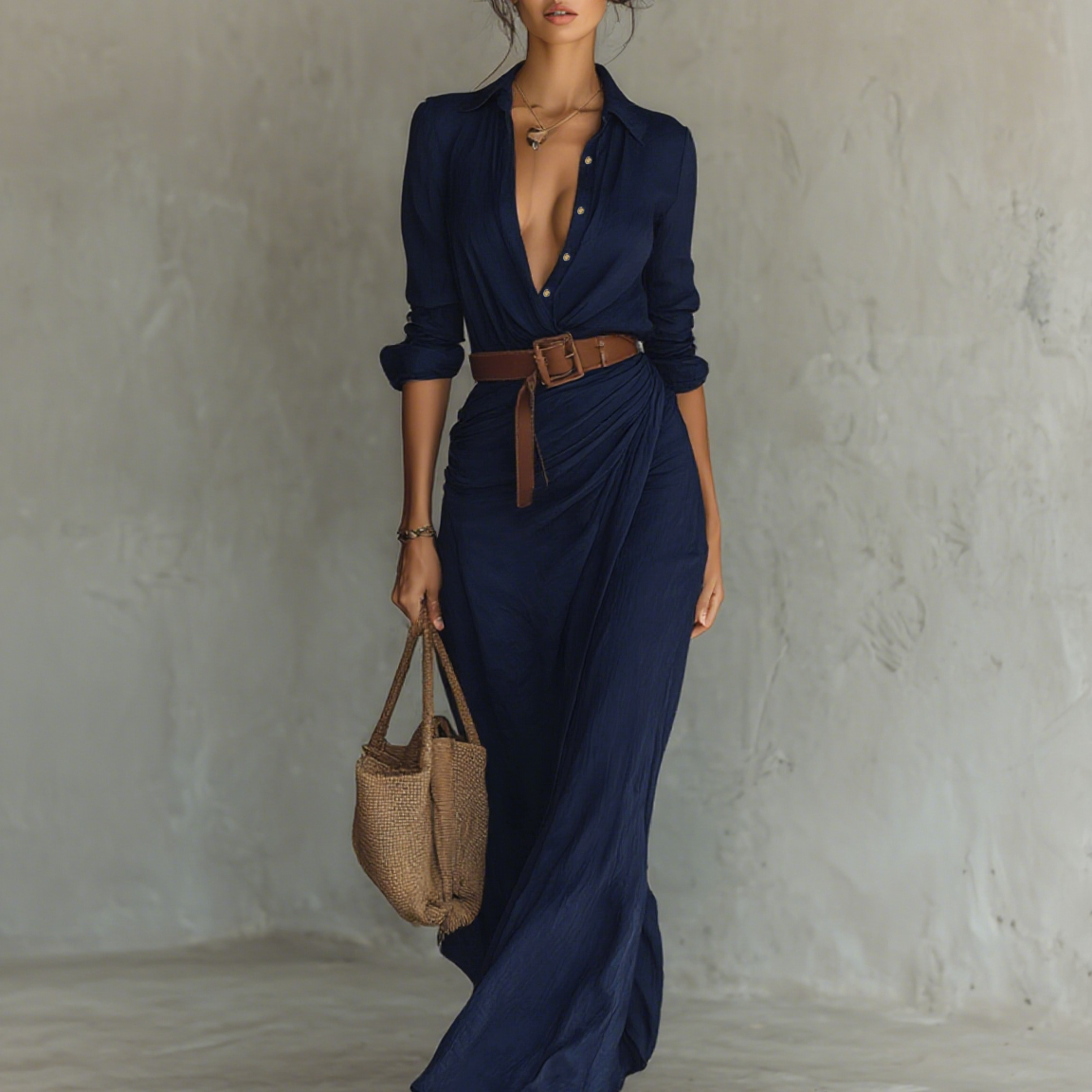 Vestido longo longo com gola de lapela e cinto inclusos