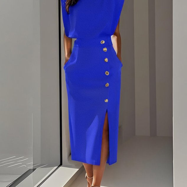 Aina - Vestido midi liso com fenda de botões e decote redondo