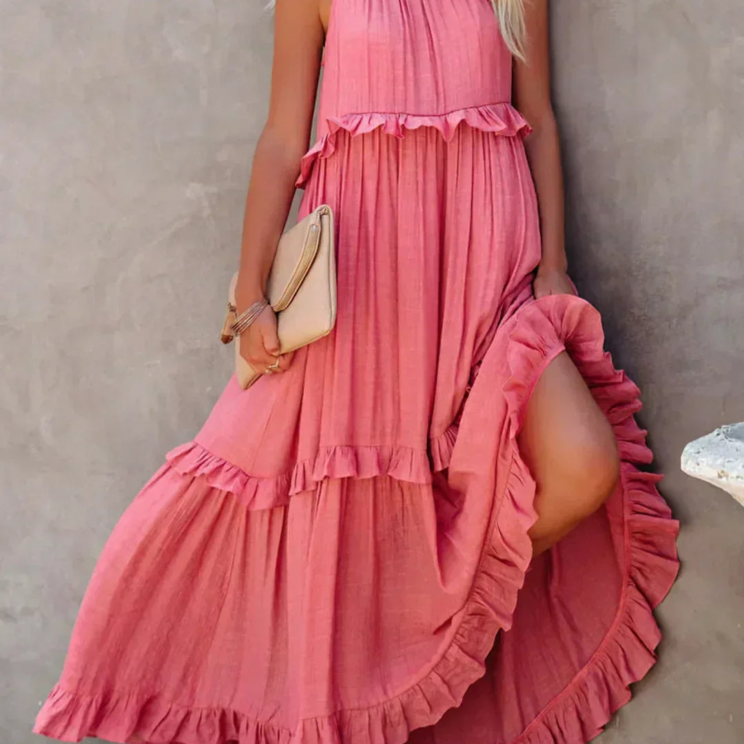 Sarah | Vestido longo com babados e alças finas