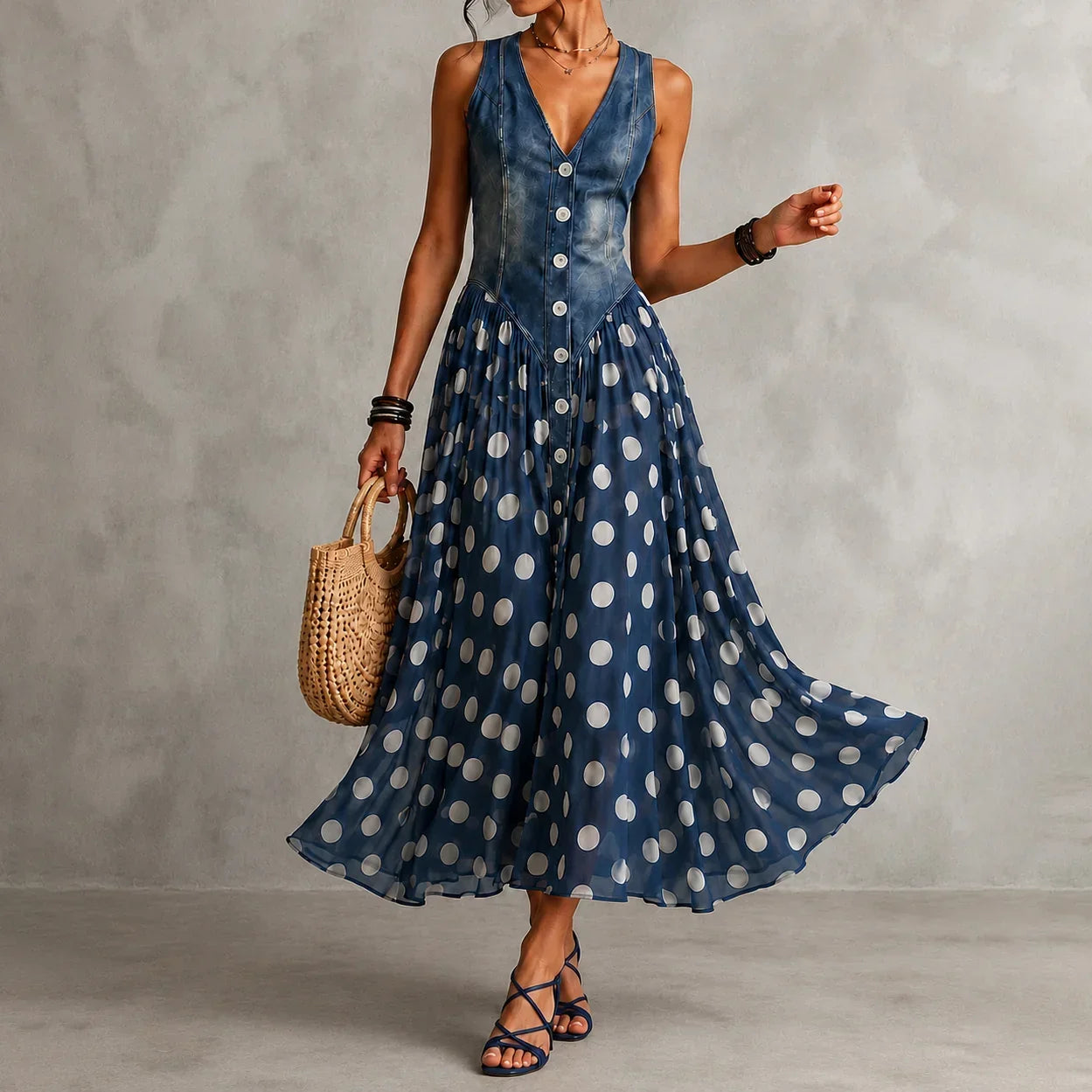 Rusca - Elegante vestido longo sem mangas de denim falso com bolinhas para Mulher