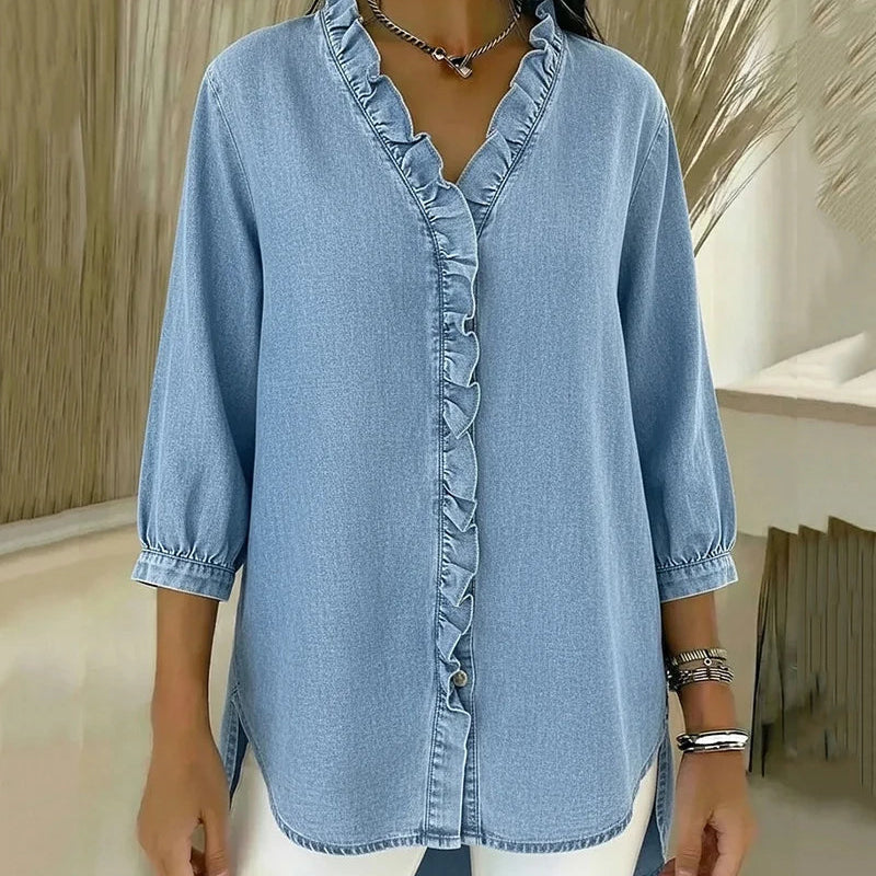 Adele — Blusa em denim fluido com decote em V e volante