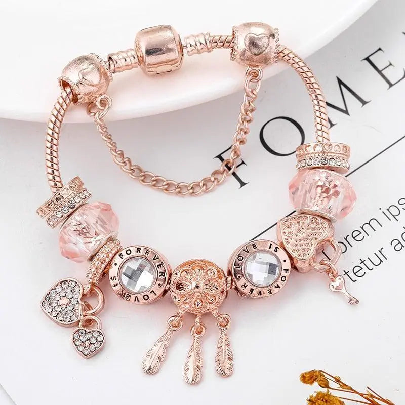 Pulseira Rosa Apanha-Sonhos com Pendentes Prateados