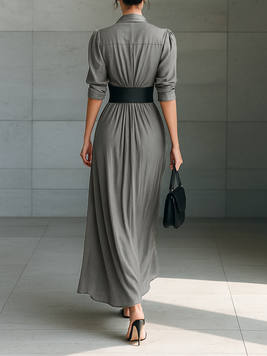 Cornelia – Vestido Comprido com Pregas e Gola de Lapela