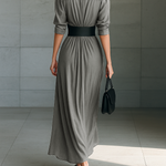 Cornelia – Vestido Comprido com Pregas e Gola de Lapela