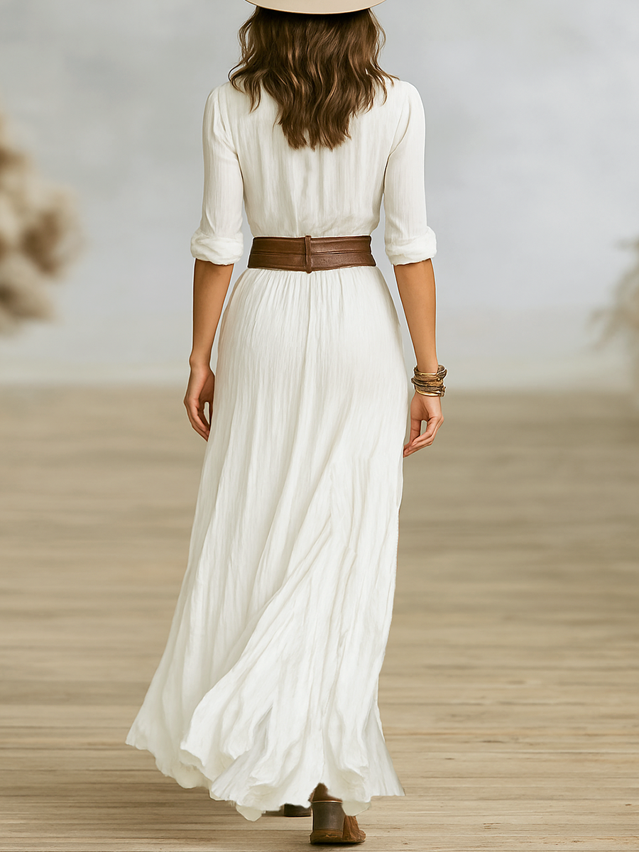 Clara – Vestido Comprido Plissado em Algodão e Linho com Cinto