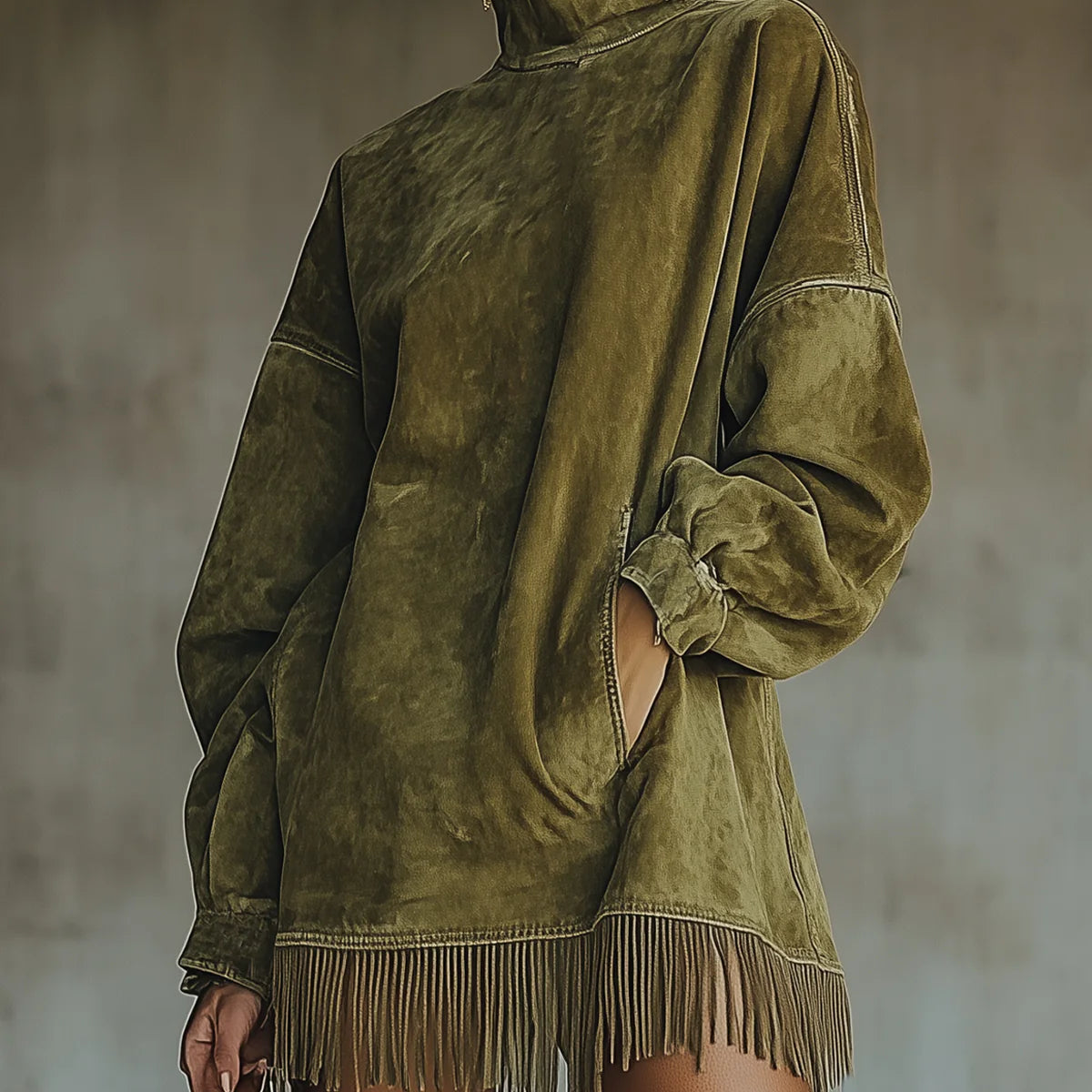 Angelica – Vestido em Camurça Sintética com Gola Alta e Franjas