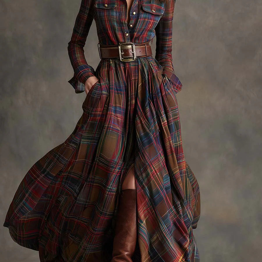 Carolina – Vestido Comprido em Xadrez com Gola e Cinto