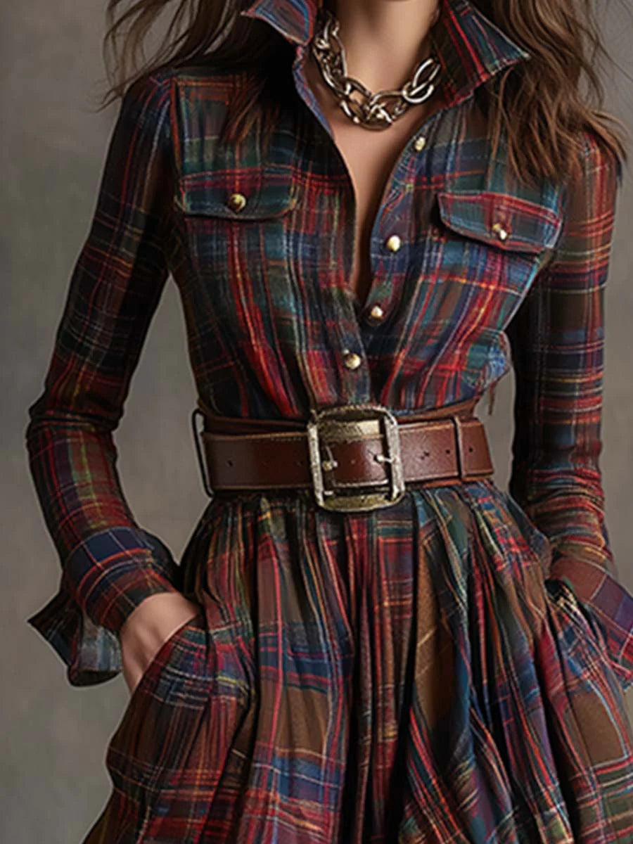 Carolina – Vestido Comprido em Xadrez com Gola e Cinto