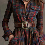 Carolina – Vestido Comprido em Xadrez com Gola e Cinto