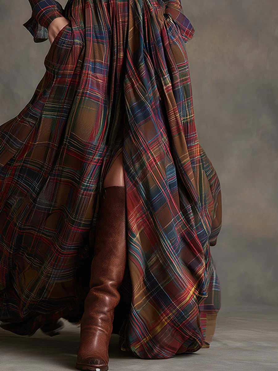 Carolina – Vestido Comprido em Xadrez com Gola e Cinto