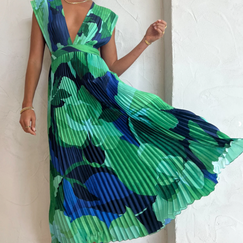 Evangelina™ - Vestido Plissado em Tons Azuis